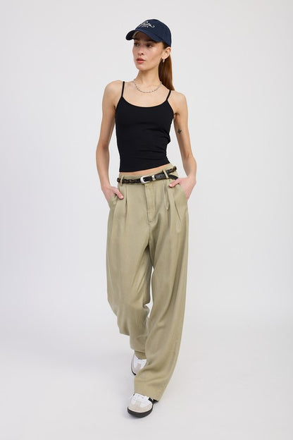 Poppy High Waist Wide-Leg Trousers tan styled with black tank, front view