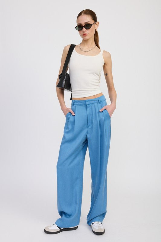 Poppy High Waist Wide-Leg Trousers in chambray, front view with pleated design