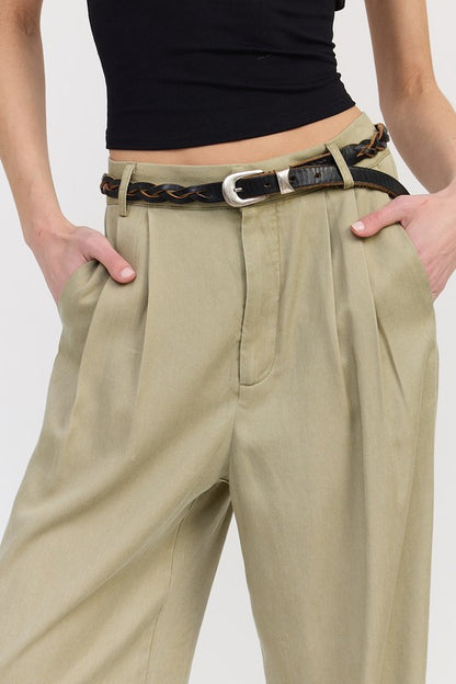 Close-up of Poppy High Waist Wide-Leg Trousers tan variant with high waist pleats
