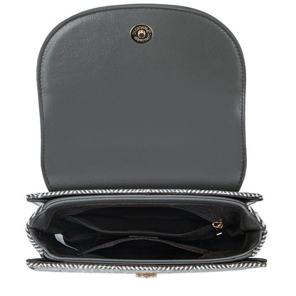 Open Heloise herringbone crossbody bag showing inside pockets