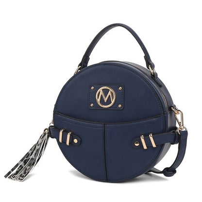 Navy MKF Gayle Crossbody Bag with gold-tone accents and top handle.