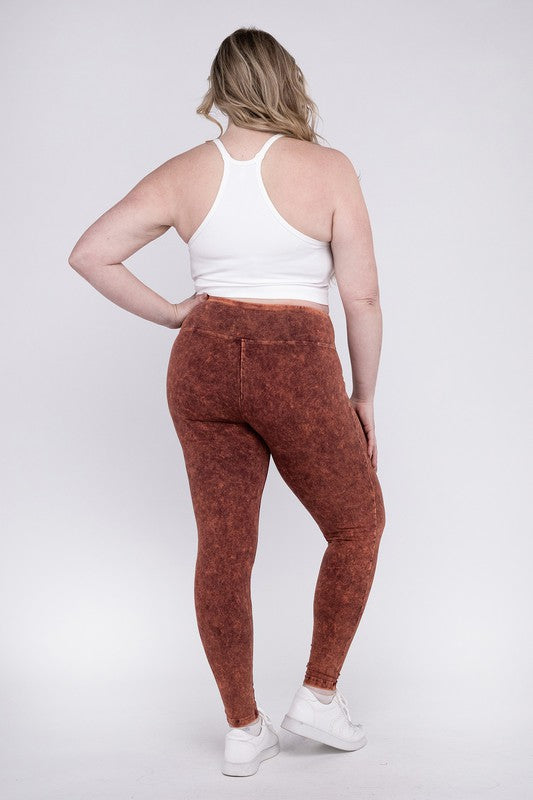 Stretchy Persimmon colored, mineral washed, full-length leggings with a wide waistband.