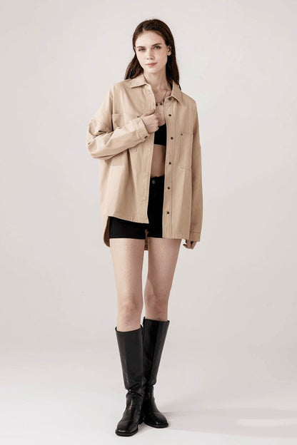 Jolie Denim Twill Shacket in Taupe oversized fit with lapel collar and snap button closure