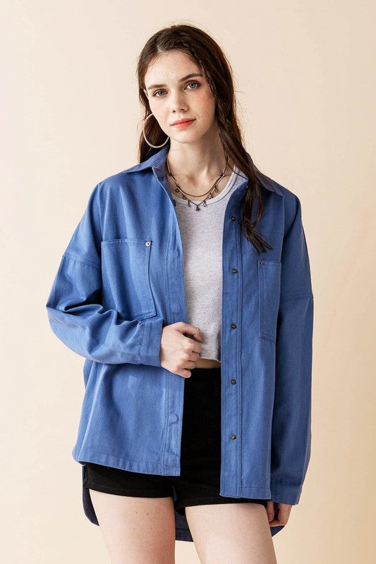 Jolie Plus Size Denim Twill Shacket in Denim side view highlighting patch pocket and curved hem