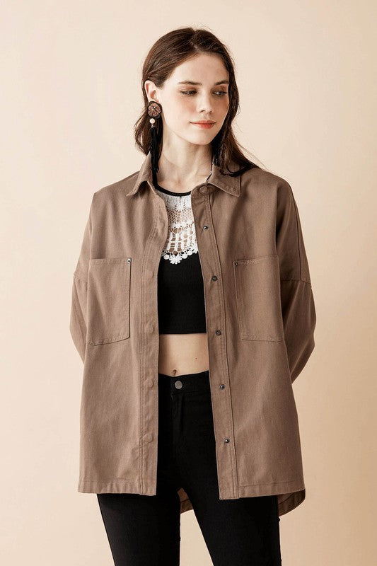 Jolie Plus Size Denim Twill Shacket in Mushroom front view showing lapel collar and curved hem
