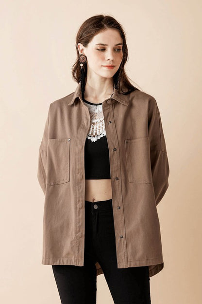 Jolie Plus Size Denim Twill Shacket in Mushroom front view showing lapel collar and curved hem