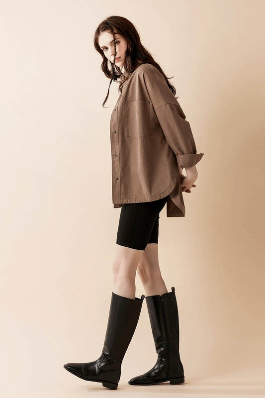 Jolie Plus Size Denim Twill Shacket in Mushroom oversized fit with snap closure and patch pockets
