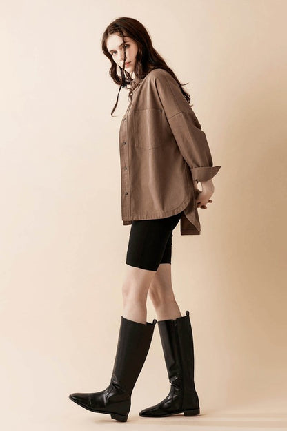 Jolie Plus Size Denim Twill Shacket in Mushroom oversized fit with snap closure and patch pockets