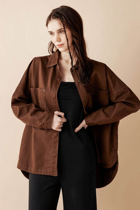 Jolie Plus Size Denim Twill Shacket in Chocolate side angle with curved hem and snap button detail
