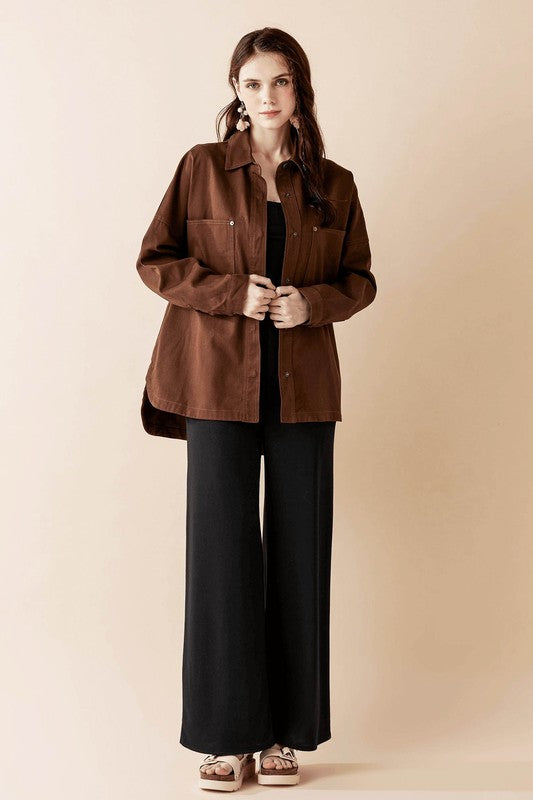 Jolie Plus Size Denim Twill Shacket in Chocolate oversized fit with cuffed sleeves and patch pockets