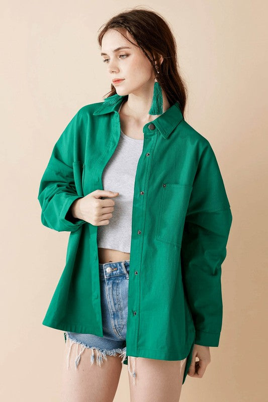 Jolie Plus Size Denim Twill Shacket in Green oversized fit with snap closure and lapel collar