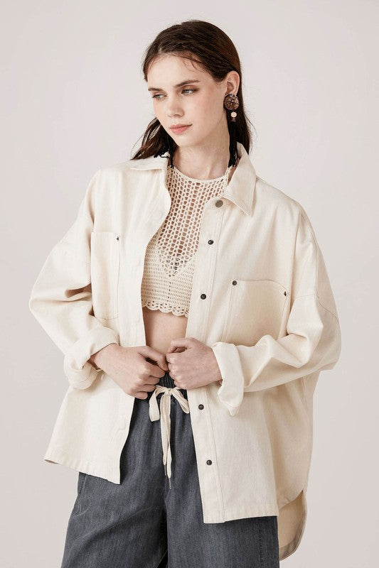 Jolie Plus Size Denim Twill Shacket in Cream oversized fit with cuffed sleeves and lapel collar