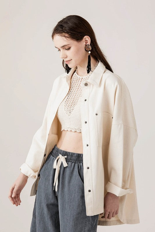 Jolie Plus Size Denim Twill Shacket in Cream front view with patch pockets and snap closure