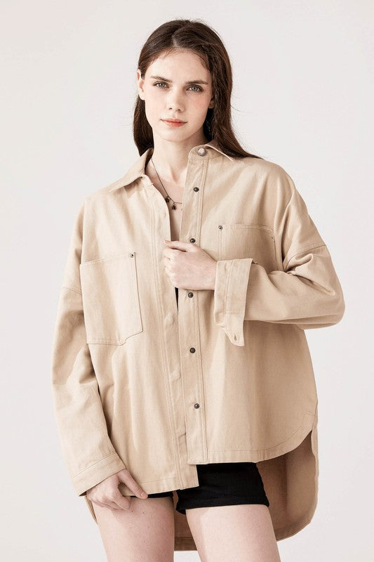 Jolie Plus Size Denim Twill Shacket in Taupe oversized fit with lapel collar and snap button closure