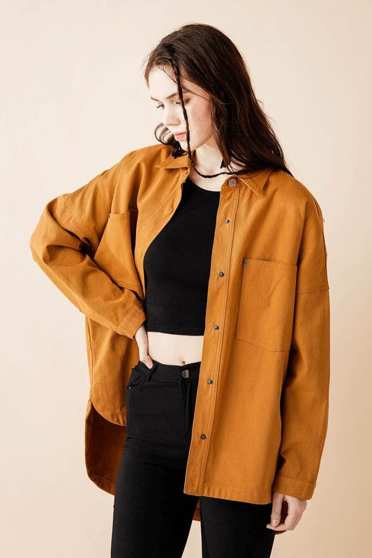 Jolie Plus Size Denim Twill Shacket in Camel oversized fit with lapel collar and front pockets