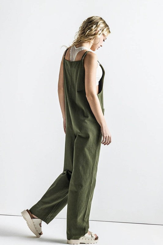 Dayana Plus Size Overall Jumpsuit in olive, side view with wide leg and adjustable straps
