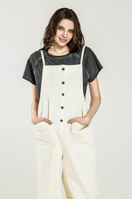 Dayana Plus Size Overall Jumpsuit in cream, front view sleeveless design