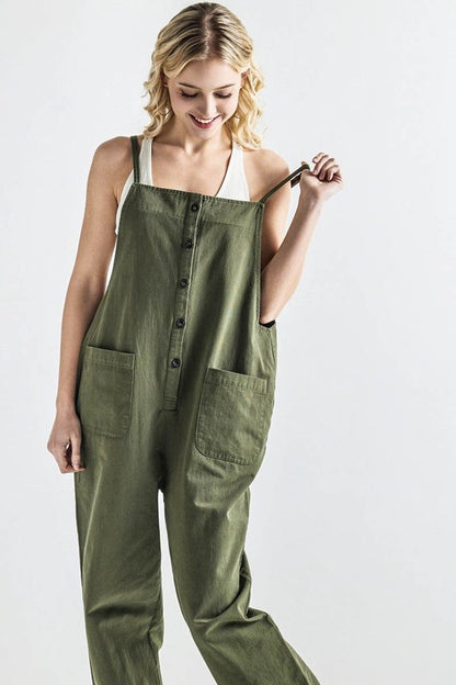 Dayana Plus Size Overall Jumpsuit in olive, front view square neckline and pockets