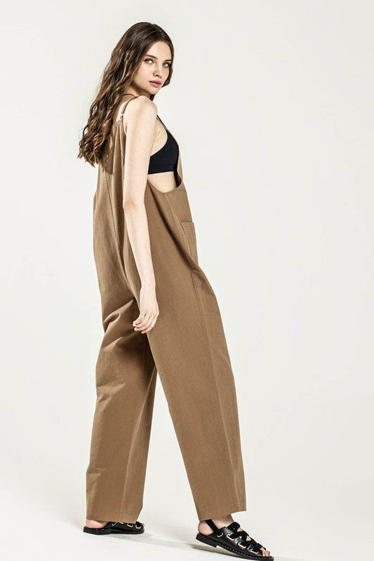 Dayana Plus Size Overall Jumpsuit in camel, front view button-down design