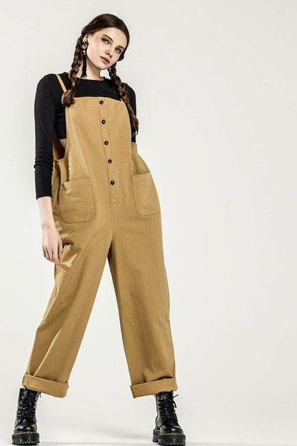 Dayana Plus Size Overall Jumpsuit in sand, model wearing casual sleeveless cut
