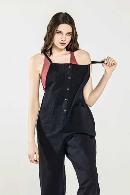 Dayana Plus Size Overall Jumpsuit in black, front view button-down and pockets