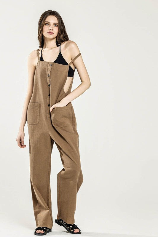 Dayana Plus Size Overall Jumpsuit in mocha, relaxed sleeveless front detail