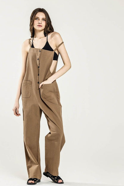 Dayana Plus Size Overall Jumpsuit in mocha, relaxed sleeveless front detail