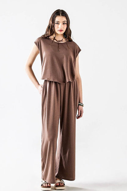 Kora Wide Leg Jumpsuit in coco with wide-leg pants and elastic waistband.