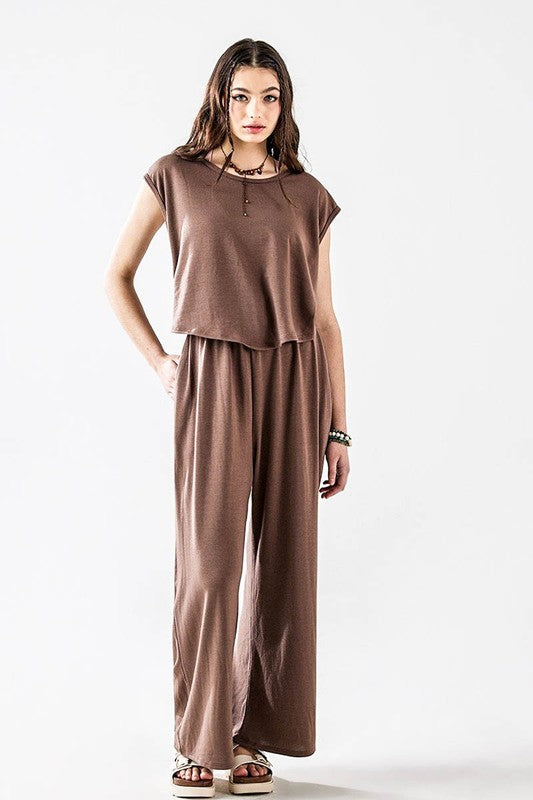 Kora Plus Size Wide Leg Jumpsuit in coco brown, relaxed front.