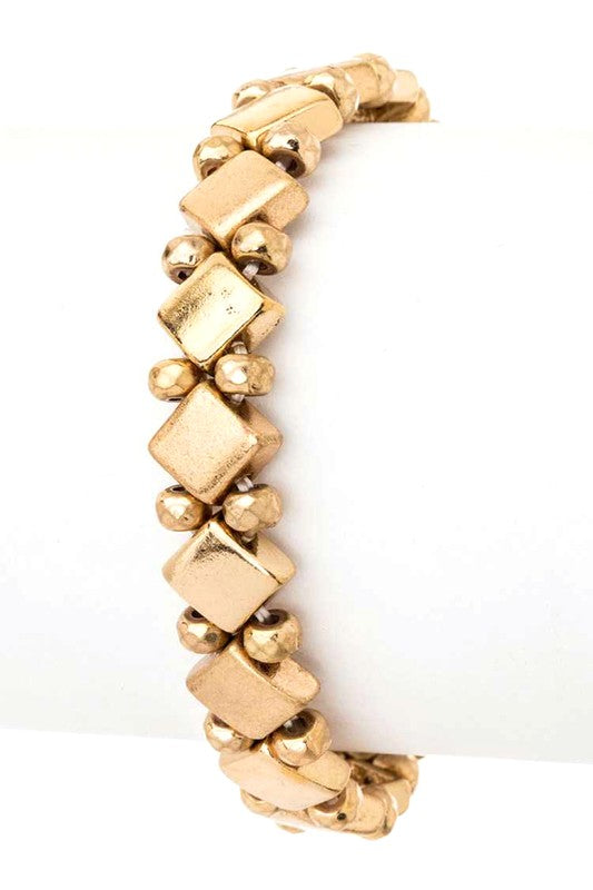 Vintage Inspired Stretch Bracelet in worn gold with diamond and circle beads, 0.4-inch width, and comfortable stretch fit.