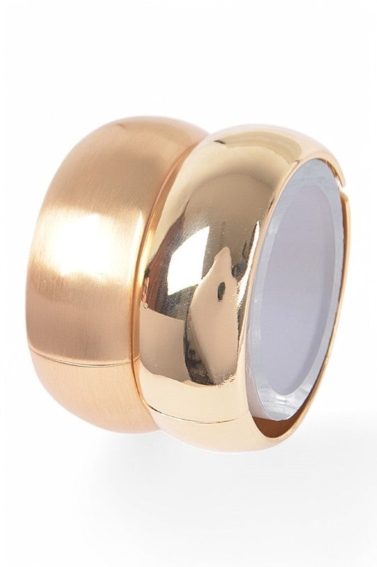 Natalia Textured 2-Piece Hinged Bangle Set in gold, featuring one polished finish and one brushed finish, wide band design.