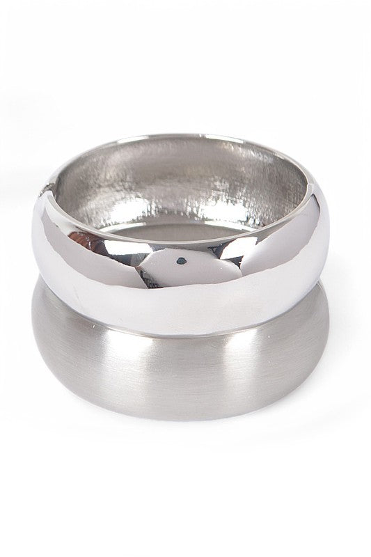 Natalia Textured 2-Piece Hinged Bangle Set in silver, with one polished finish and one brushed finish, stacked together to highlight the wide band design.