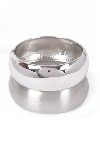 Natalia Textured 2-Piece Hinged Bangle Set in silver, with one polished finish and one brushed finish, stacked together to highlight the wide band design.