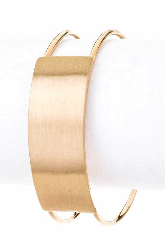Front of Lyric Matte Gold Adjustable Open Cuff Bracelet with sleek modern design.
