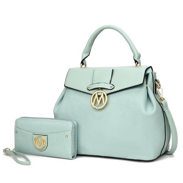 Aurora Vegan Leather Satchel & Wallet in Seafoam green with gold accents and detachable strap.