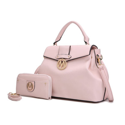Aurora Vegan Leather Satchel & Wallet in Blush pink with detachable strap and matching wallet.
