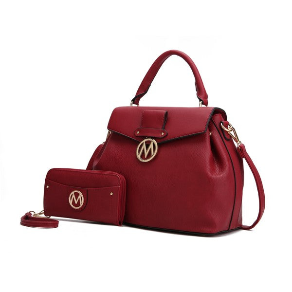 Aurora Vegan Leather Satchel & Wallet in Wine red with gold-tone hardware and crossbody strap.