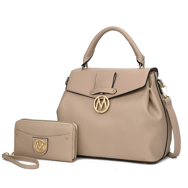 Aurora Vegan Leather Satchel & Wallet in Taupe with smooth top handles and wallet set.