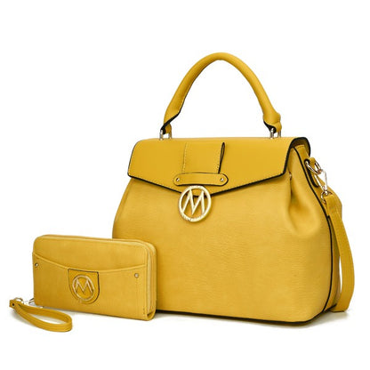 Aurora Vegan Leather Satchel & Wallet in Yellow with gold accents, magnetic closure, and wallet.