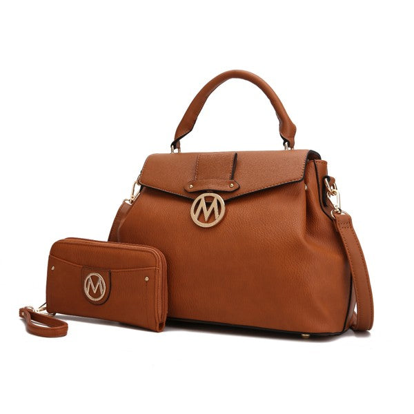 Aurora Vegan Leather Satchel & Wallet in Cognac brown with magnetic snap flap and wallet set.