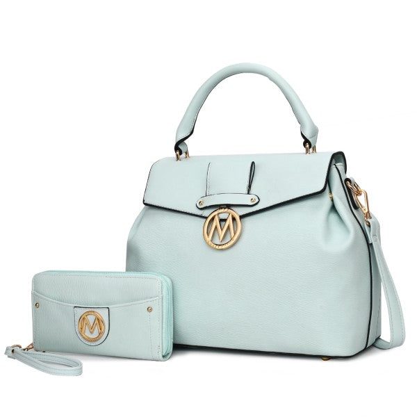 Aurora Vegan Leather Satchel & Wallet in Baby Blue with gold-tone accents and detachable strap.