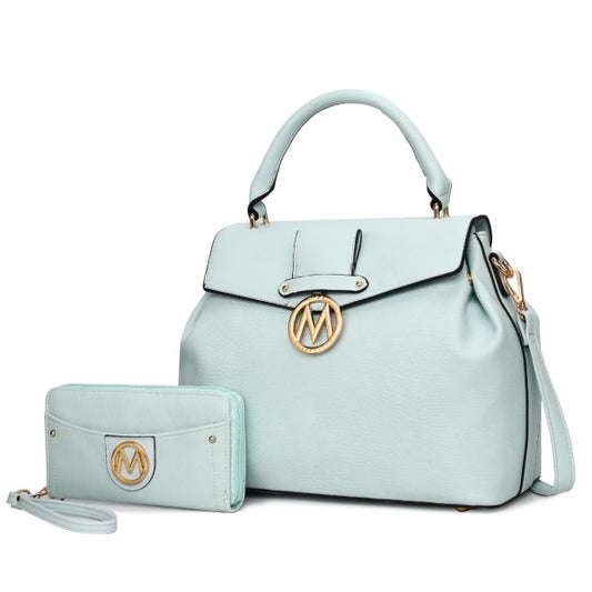 Aurora Vegan Leather Satchel & Wallet in Baby Blue with gold-tone accents and detachable strap.