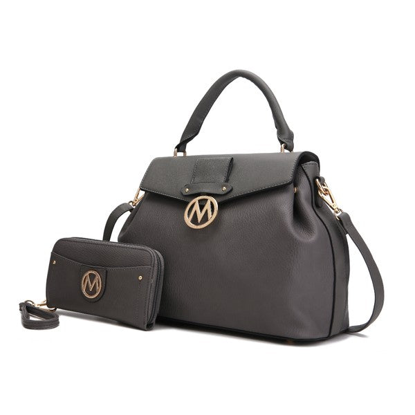 Aurora Vegan Leather Satchel & Wallet in Charcoal with gold hardware and smooth top handles.