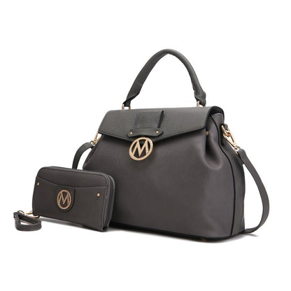 Aurora Vegan Leather Satchel & Wallet in Charcoal with gold hardware and smooth top handles.