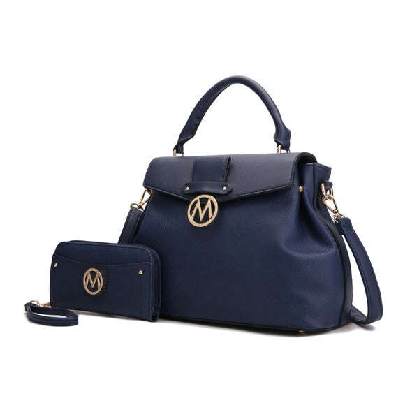 Aurora Vegan Leather Satchel & Wallet in Navy blue with magnetic flap and matching wallet.