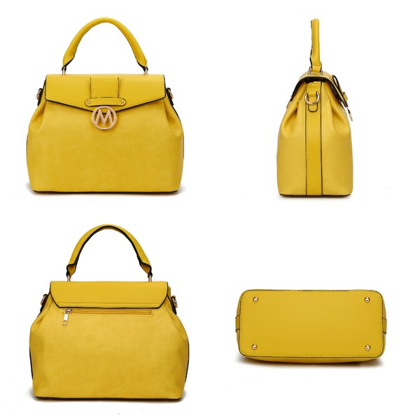 Collage of Aurora Vegan Leather Satchel & Wallet in Yellow showing front, side, back, and bottom views with gold-tone accents.