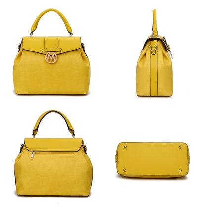 Collage of Aurora Vegan Leather Satchel & Wallet in Yellow showing front, side, back, and bottom views with gold-tone accents.