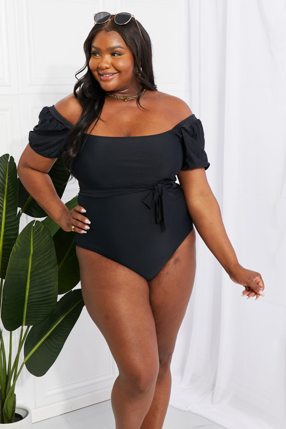 Brela Salty Air Puff Sleeve One-Piece in Black