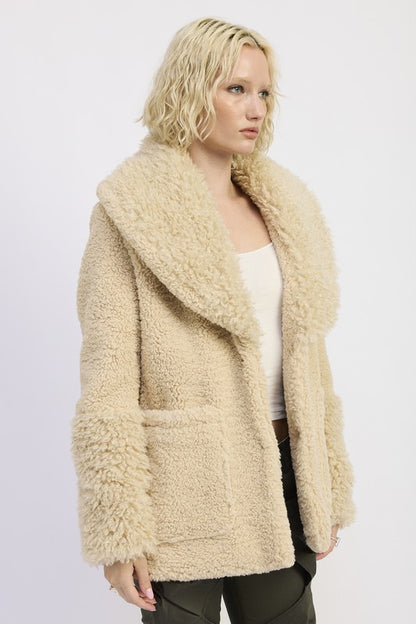 Side view of Zephyr Fleece Jacket in taupe showing plush faux fur cuff and trim detail
