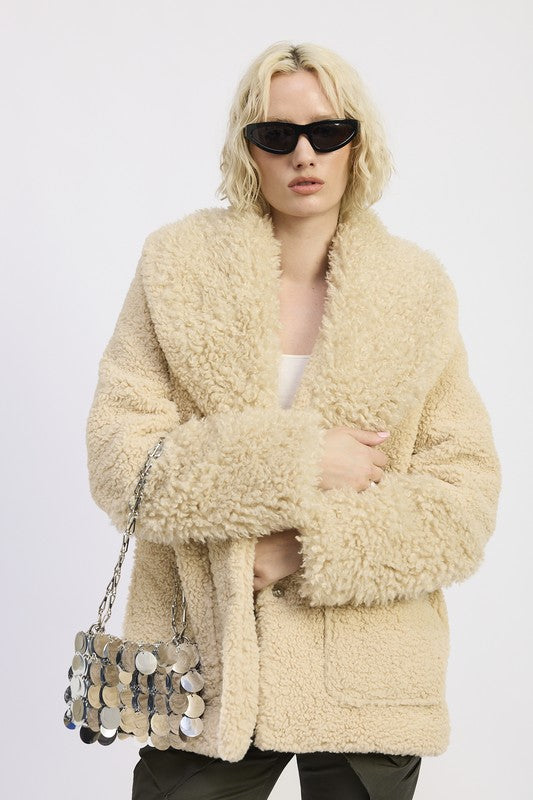 Front view of Zephyr Fleece Jacket in taupe with pockets and faux fur collar detail